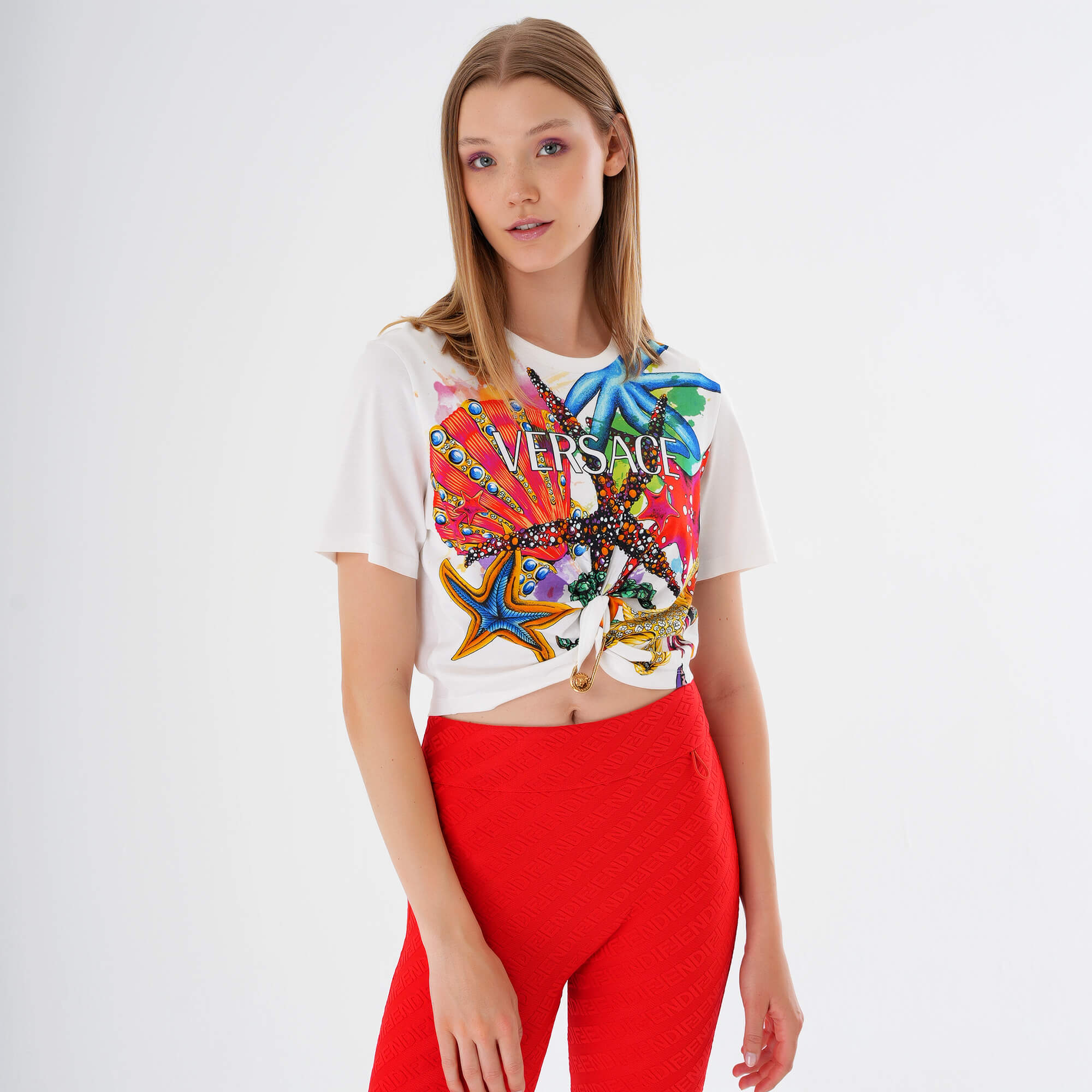 Versace - Multicolor Starfish Printed Logo Cotton Cropped Top with Medusa Pin IT42